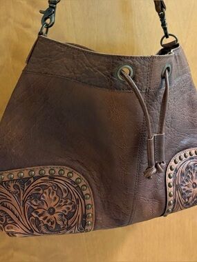 American Darling Brown Leather Patch Tote with Mustard Lining
